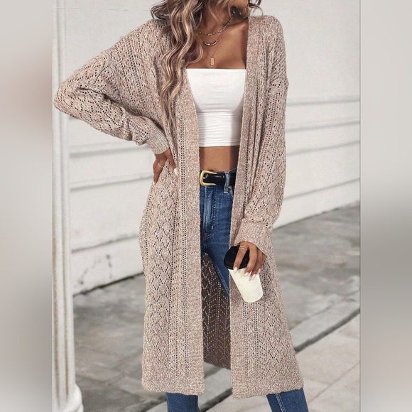 New Boho Open Knit Lightweight Cardigan Sweater Duster Tan Beige Cream - Picture 1 of 8